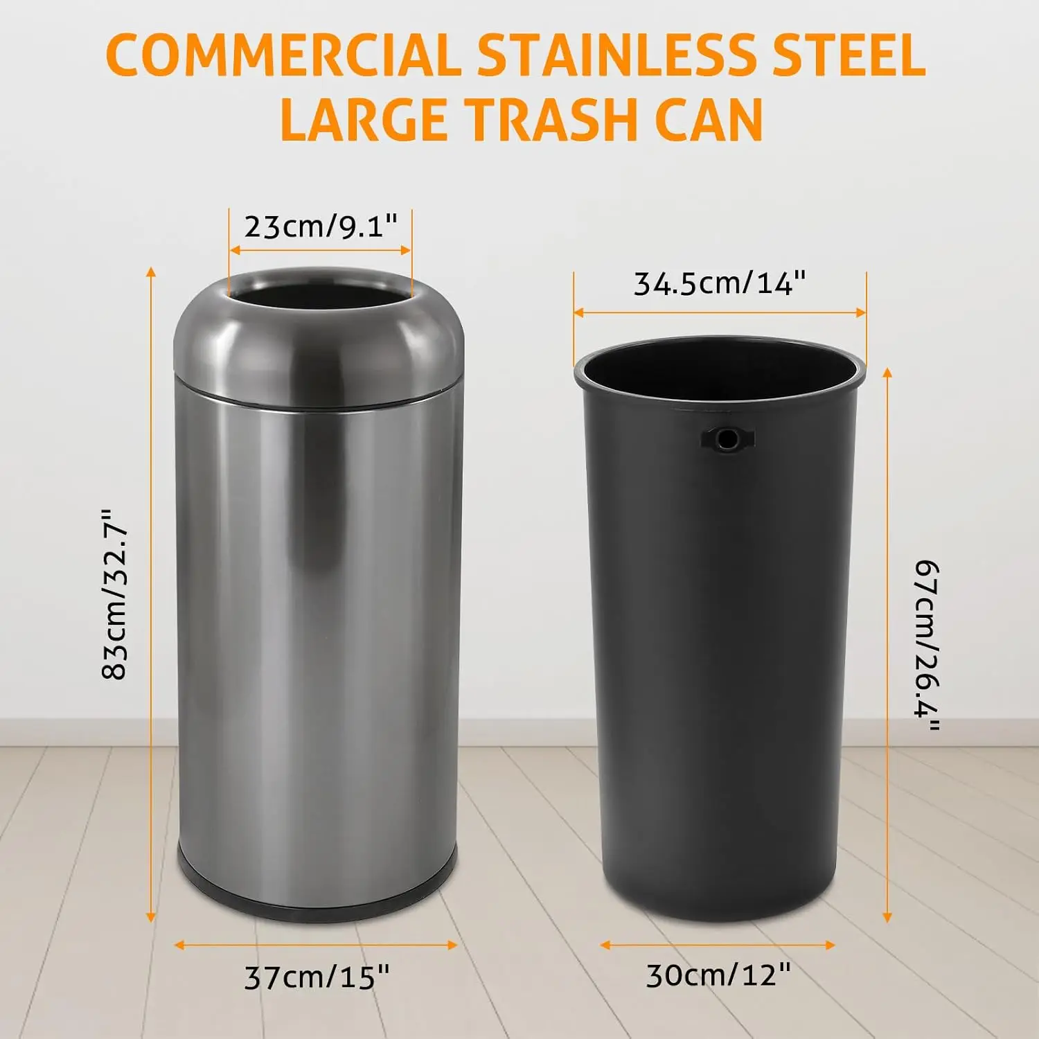 Dark‑Silver 16 Gallon Large Commercial Trash Can, Heavy‑Duty Metal Garbage Bin for Kitchen, Outdoor, Office and Public Space Waste Collection