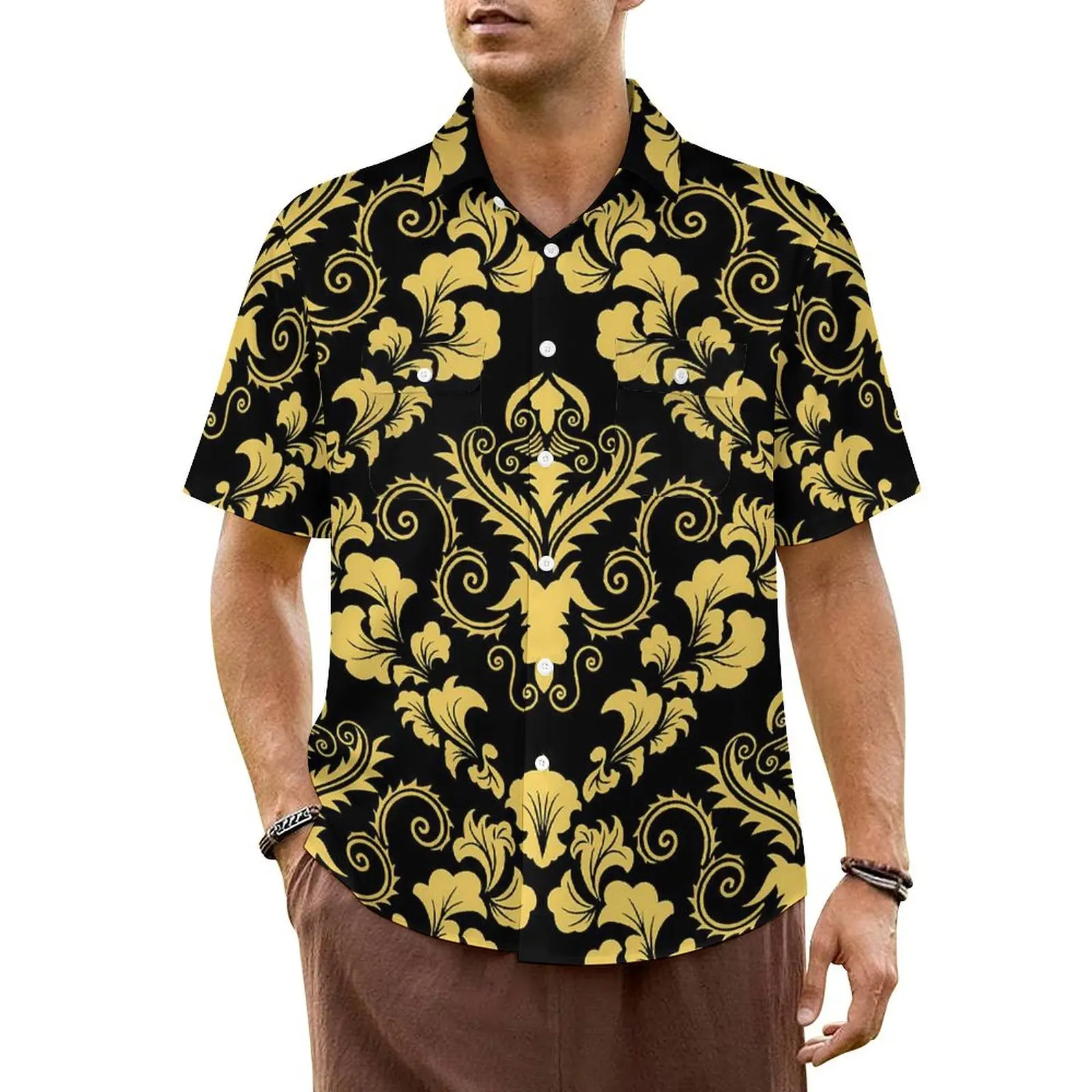 

Hawaii Shirt Vacation Vintage Damask Blouses Yellow Black Retro Casual Shirts Male Short Sleeve Streetwear Oversized Top