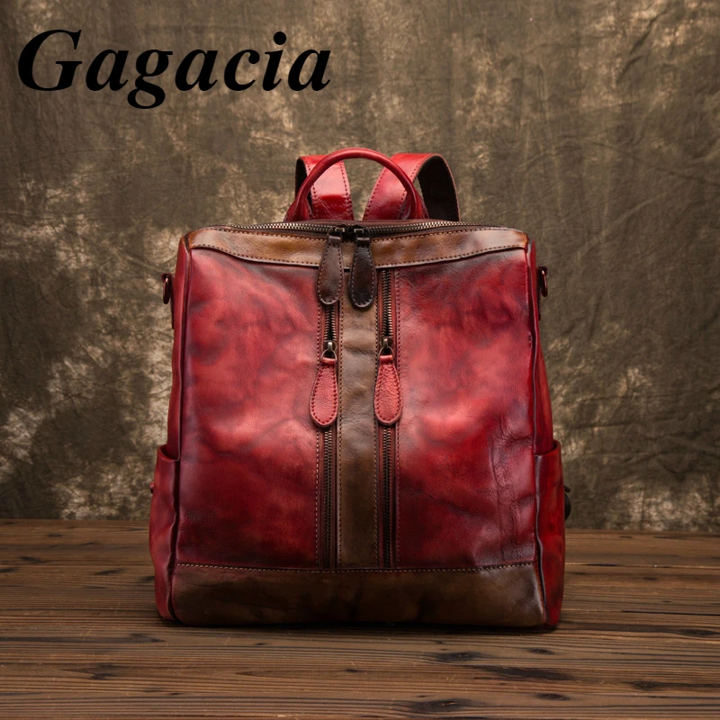 GAGACIA New Red Luxury Backpack Women Retro Large Capacity Splicing Contrast Cowhide Leisure Travel Simple Bag Female Backpacks