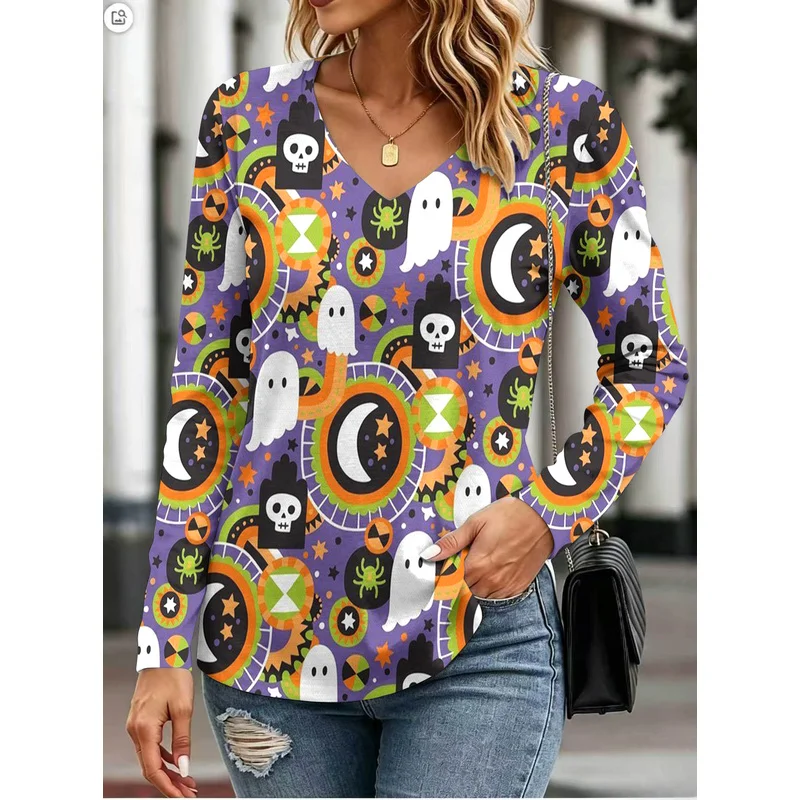 Pumpkin Ghost Print for WomenVCollar Long SleeveTCasual and versatile women's top for work and everyday wear