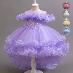 Purple Flower Bridesmaid Princess Dress For Girls Children Costumes Trailing Party Dresses Girls Dress Beaded Wedding Gown