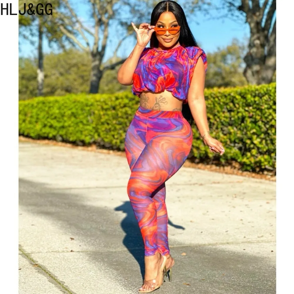 HLJ&GG Purple Red Fashion Mesh Print Skinny Pants Two Piece Sets Women Round Neck Sleeveless Crop Top + Pants Outfits Streetwear