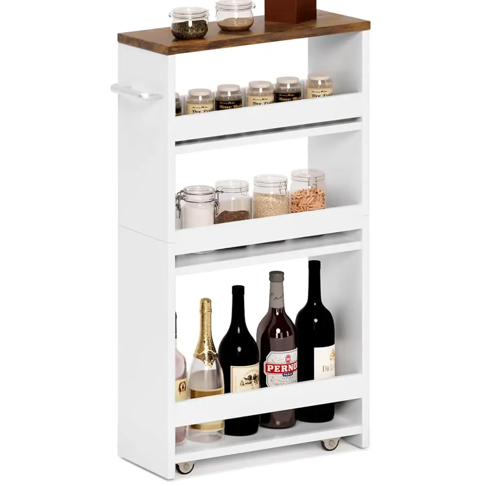 

Rolling Storage Cart 4-Tier White Kitchen Cart With Wheels,Slim Storage Cart With Handle Slide Out Utility Cart Shelving Unit