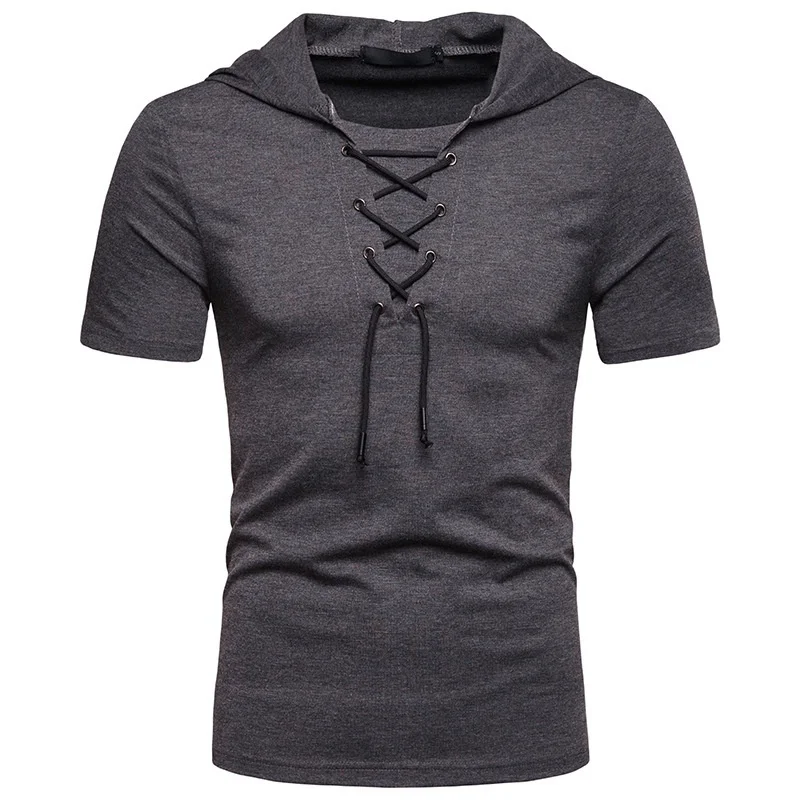 New European And American Men\'s Hooded Loose Tie Up Hip-hop Casual Short Sleeved T-shirt