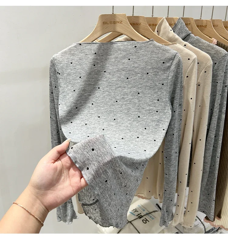 2026 Sommer Dünnes Schicht-Unterhemd Lässiges Allround-Oberteil Damen T-Shirt Aprikotfarben Gepunktet Ein-Schulter Langarm-Shirt – Detail 10