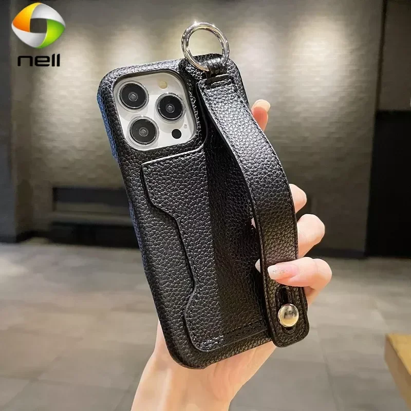 For iphone 15 15Pro Wristband Strap PU Leather wallet Case For iphone 11 13 12pro 13mini 14 15 15pro Max Stand holder case