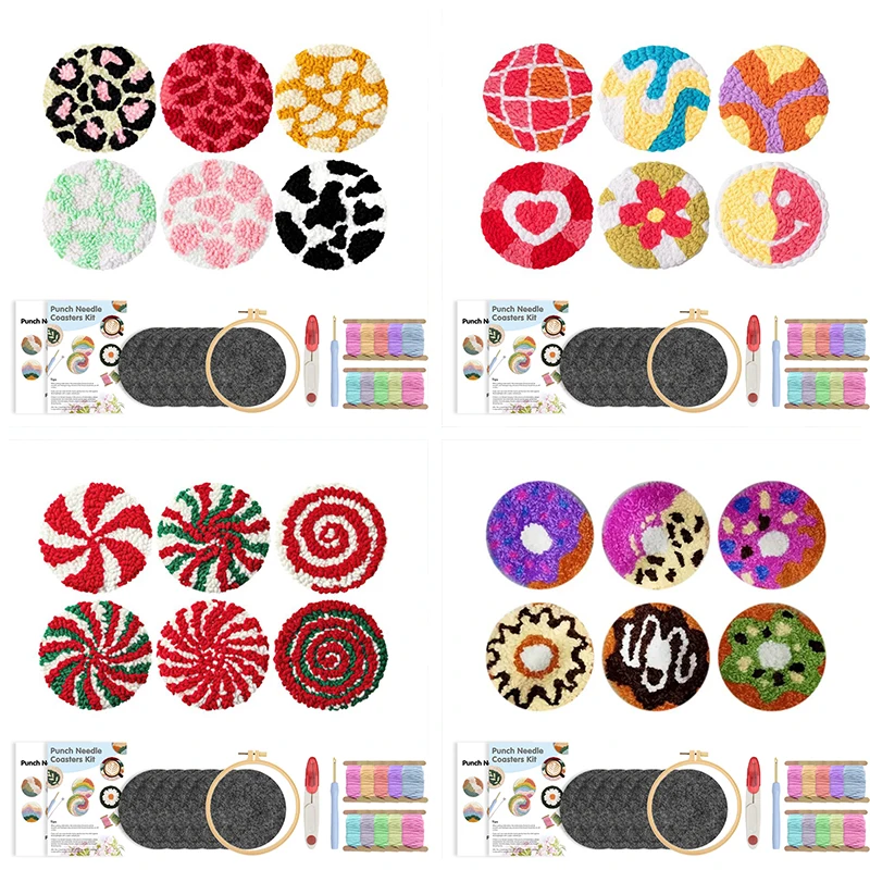 

GATYZTORY 6pcs Punch Needle Coaster Kit DIY Handmade Crochet Table Place Woven Coaster Cup Mat Punch Needle Embroidery Craft Kit
