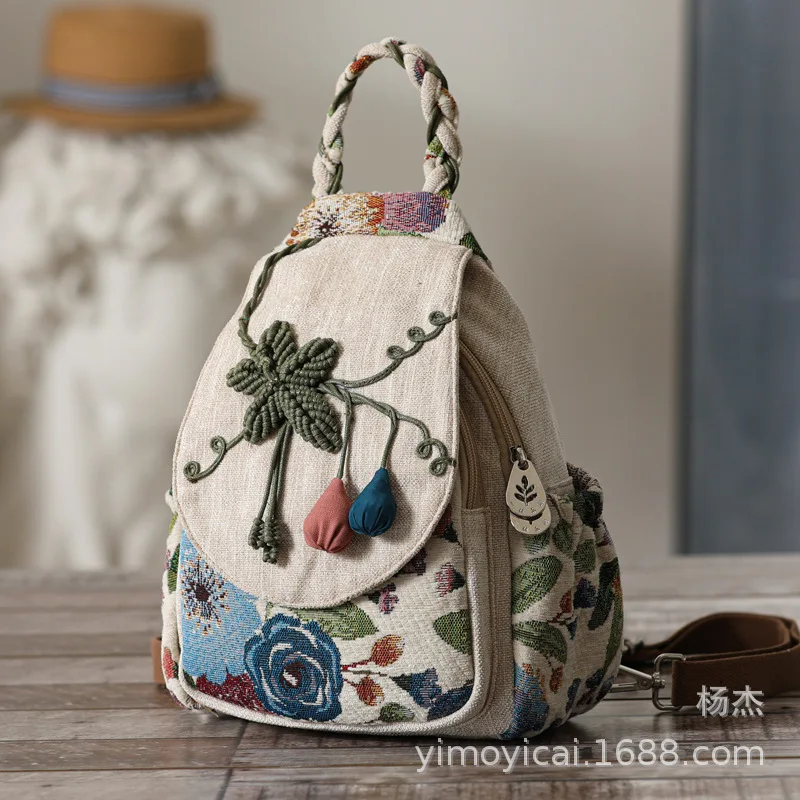 Vintage Ethnic Linen Floral Backpack Hand Woven Multi Pocket Light Literary Women Commute Travel Niche Fabric Backpack