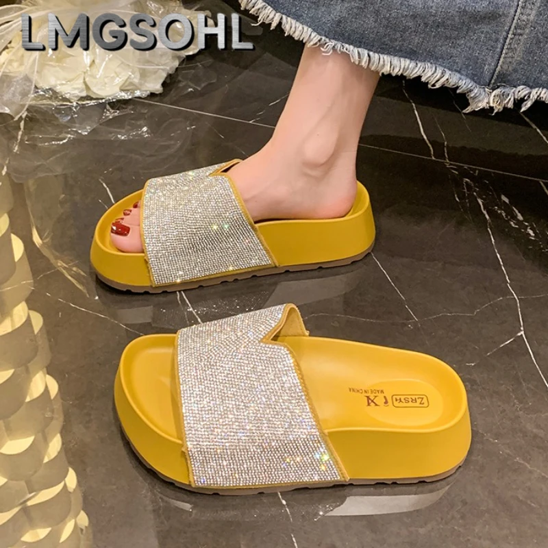 

Women Flats Platform Slippers Luxury Crystal Shoes Summer New Causal Sandals 2025 Fashion Slingback Woman Beach Flip Flops Mujer