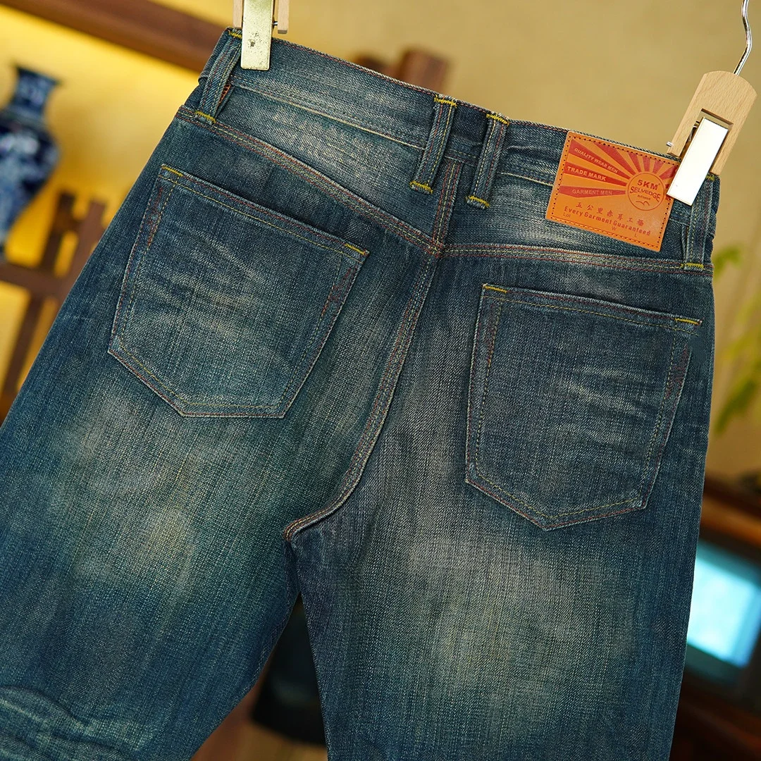 

M11 Selvedge Denim 15oz Jeans for Men - Vintage Wash Pants Pure Cotton Straight Leg Embroidered Chinese American Trend Style 5KM