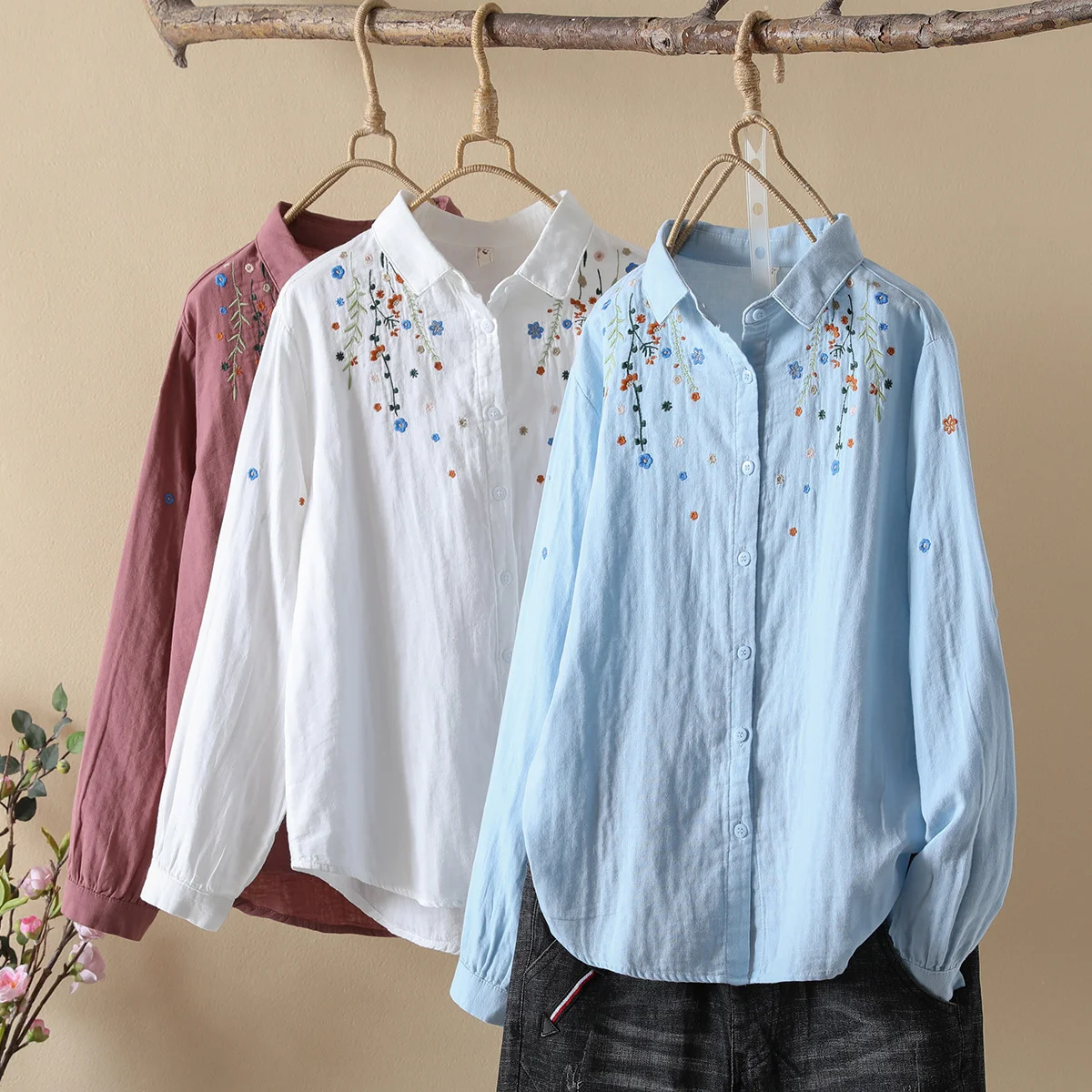 Cotton Yarn Shirts Women 2024 Spring Autumn Embroidery Blouses Long Sleeve Lady Tops Soft Skin-Friendly Base Shirt