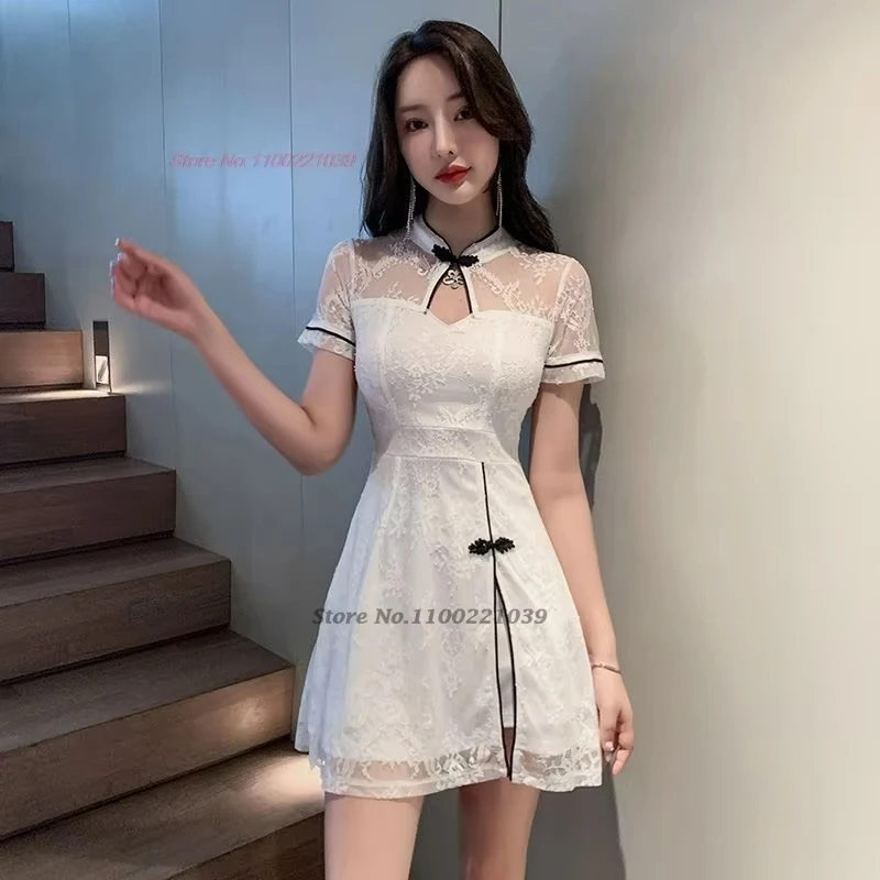 

19925, традиционное китайское улучшенное платье Ципао для банкета, ночного клуба, Cheongsam, кружевное лоскутное платье Ципао + шорты, комплект, рабочее платье для спа-салона в отеле