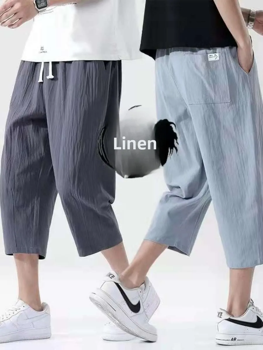 

Retro Casual Men's ort Pants Seven-Foot-Legged Linen Straight-Thigh Thin Model Spor Summer New Sle High Waist Elastic