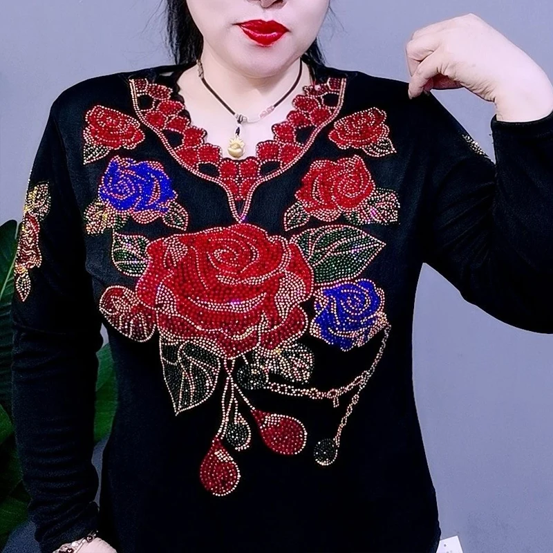 

Beading T Shirt Women Pullovers 2025 Spring Autumn Clothes For Women Long Sleeve Tees Top Black Women's T-shirt