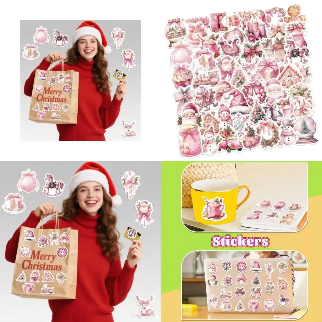 

LXAA Pink Santa Doodles Decals 50Pieces PVC Material Scratch Resistant Stickers For Personals Electronics Christmas Design