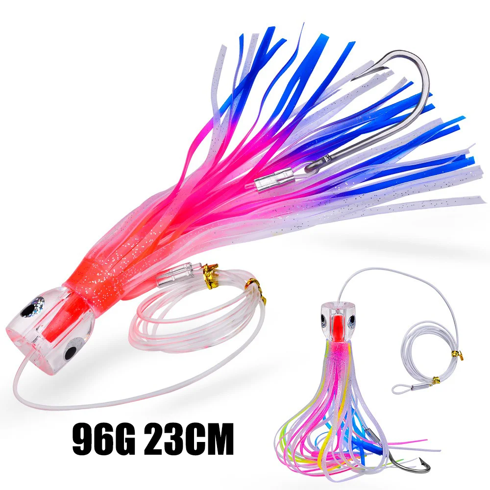 Resin Head Octopus Bait 23cm 96g 170cm line Soft Skirt Trolling Lure Deep Sea Fishing Tackle Sailfish Grouper Marlin Swordfish