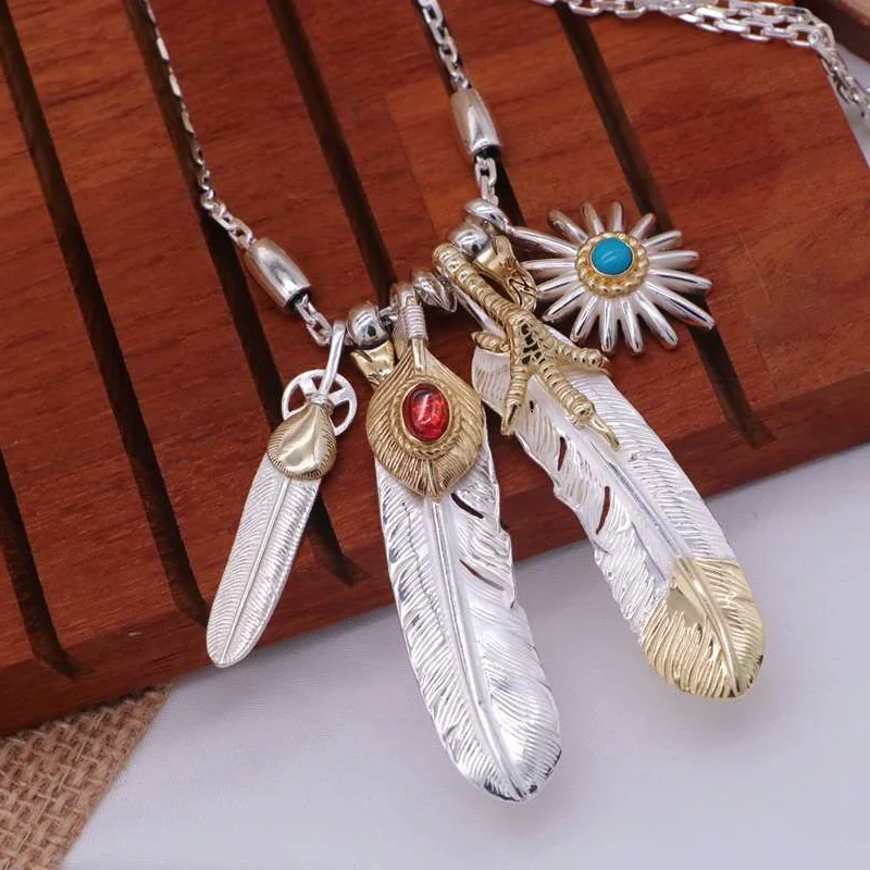 

Japanese and Korean trendy S925 sterling silver feather necklace pendant Indian trendy popular versatile T-shirt sweater chain