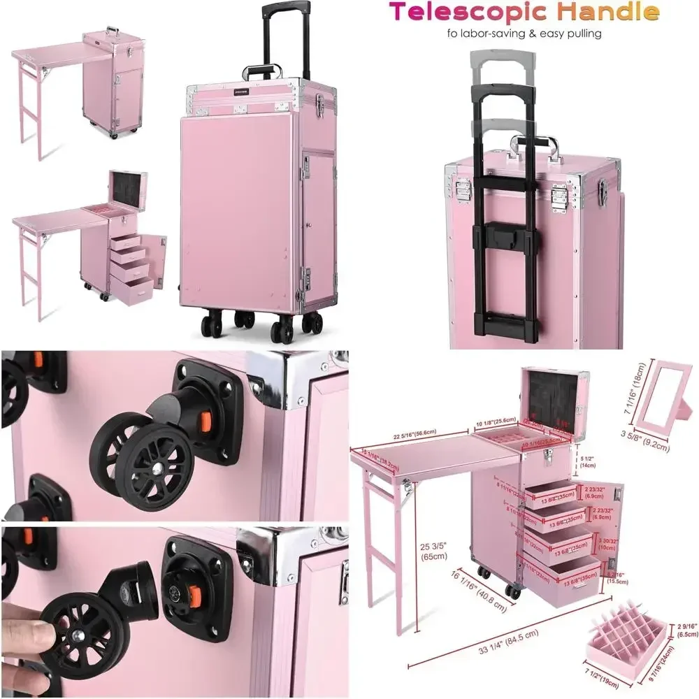 

Hot salesportable pink manicure table with storage and extendable handle, foldable beauty station for professional salon use