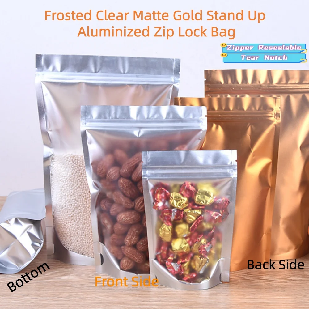 Premium Dark Gold Foil Stand Up Bag with Resealable Zipper & One Side Matte Clear – Goofd for Nuts, Spices & Dry Goods Packaging