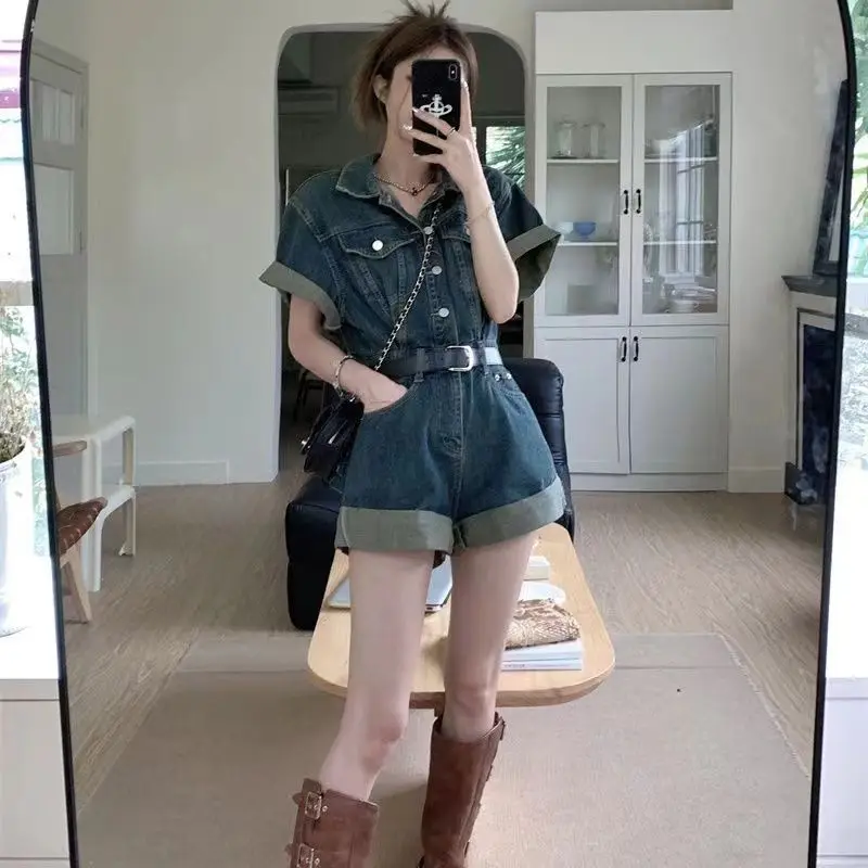 Crimped shorts Denim Jumpsuit Women's Korean Retro One Piece Jeans Romper Shorts High Waistband Design Trendy Wide-leg pants