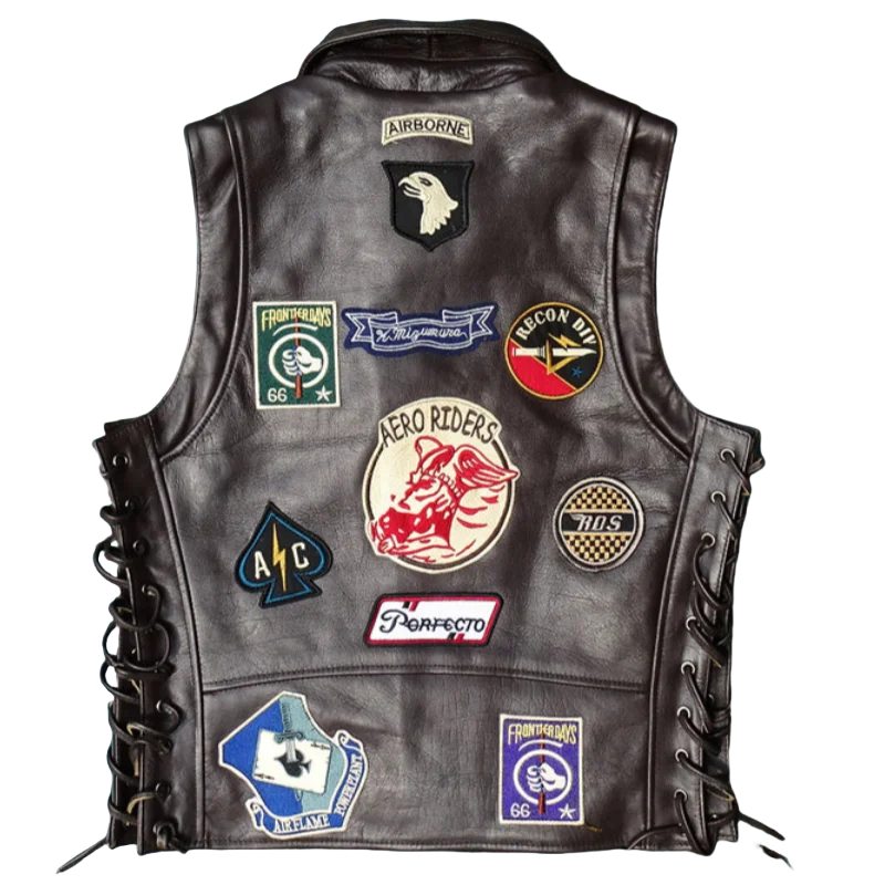 Classic black Embroidered Multi-label Strapped Biker Vest Genuine Top-Grade Imported Cowhide Leather vest Unisex