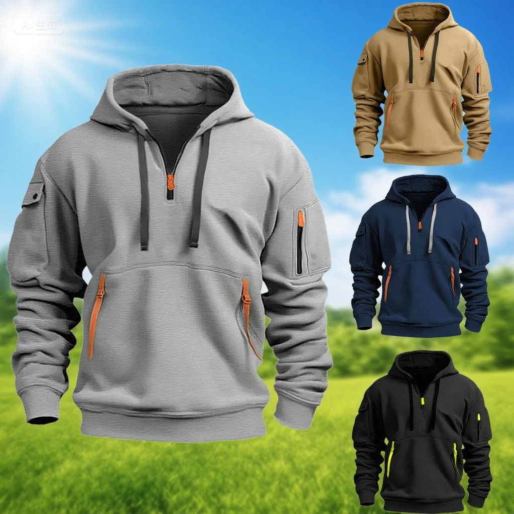 

Autumn and winter new hooded sweatshirt men's chest fake pocket design loose pullover fashionable hooded sweatshirt