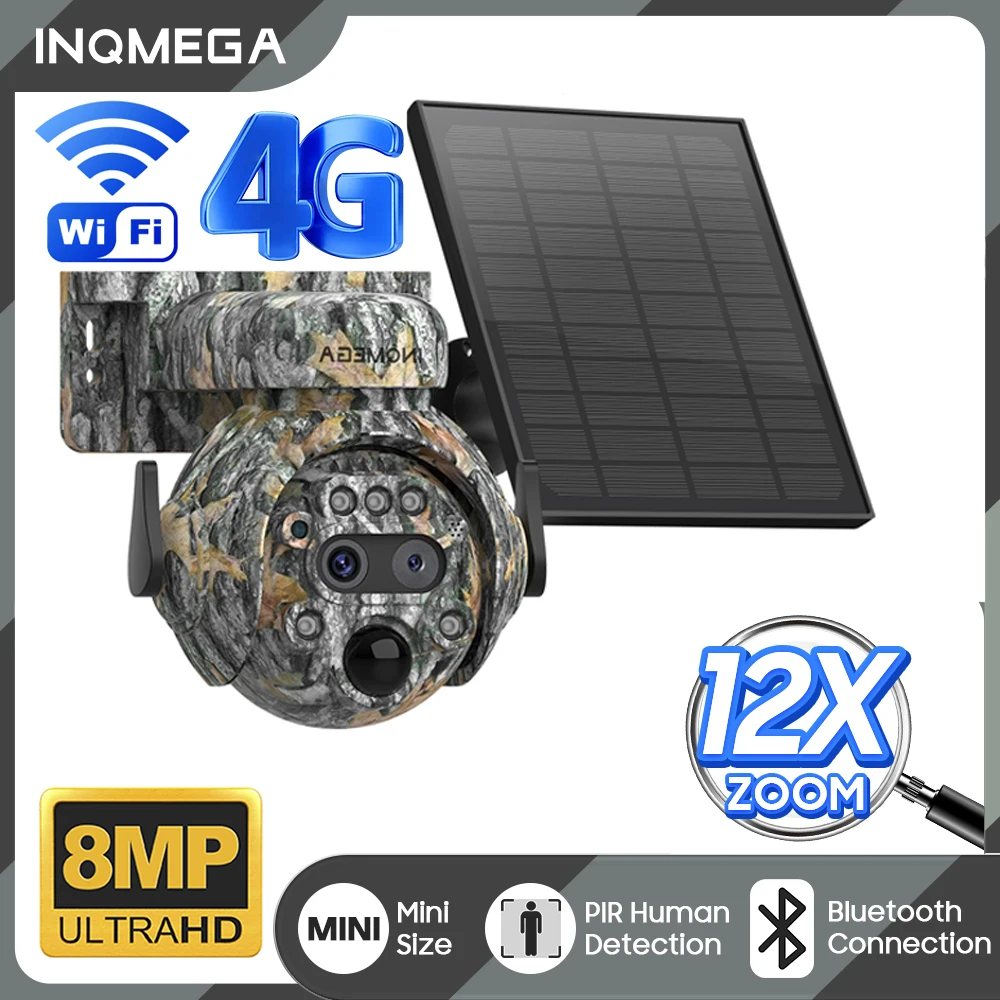 INQMEGA 12X ZOOM 4K 8MP Solar Camera Dual lens 4G 360° View Camouflage Color Outdoor Hunting Camera 7800mAh Battery Ubox app