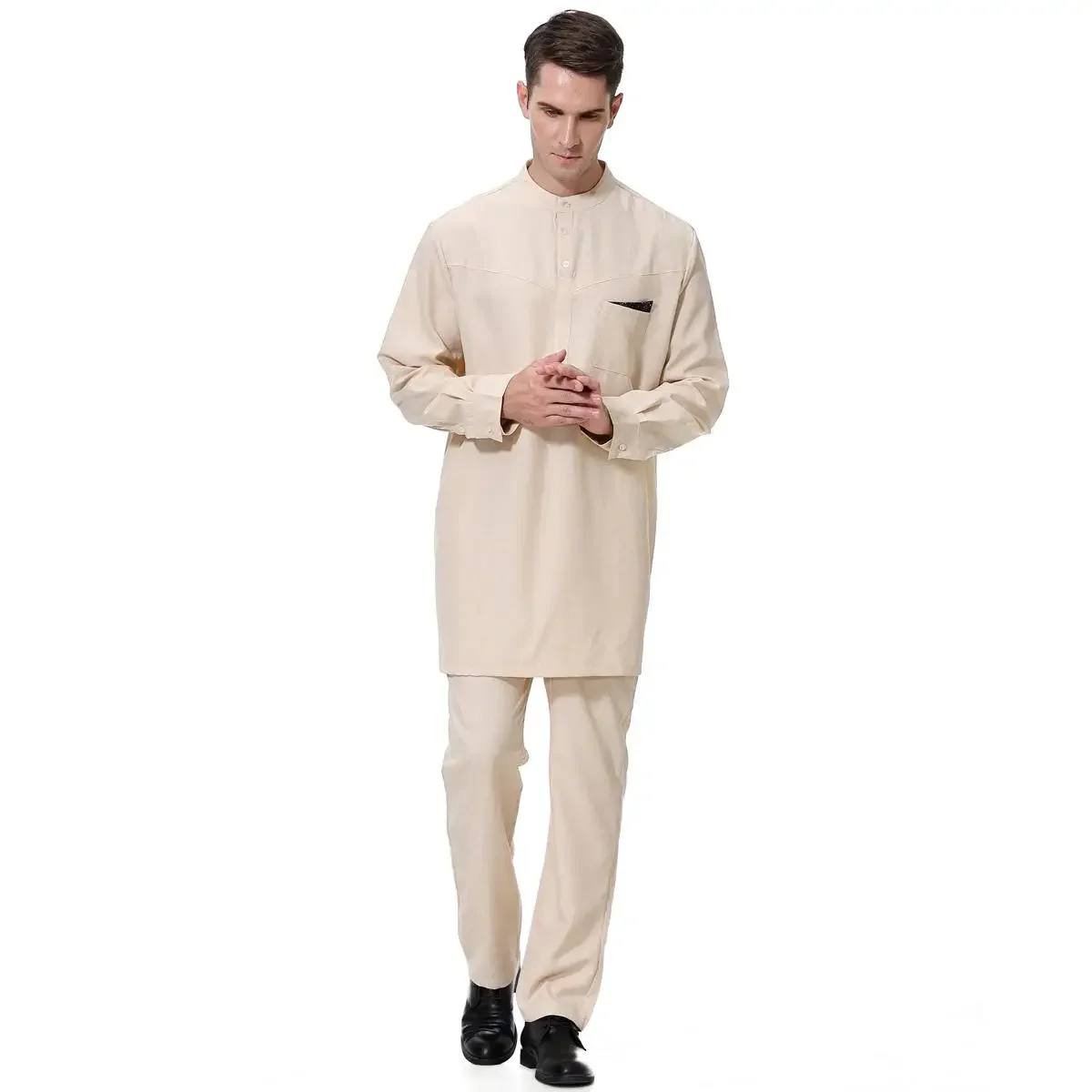 2PCS Eid Ramadan Uomini Musulmani Jubba Thobe Arabo Abbigliamento Islamico Abaya Robe Top Pantaloni Arabo Saudita Dubai Abito Djellaba Dishdasha