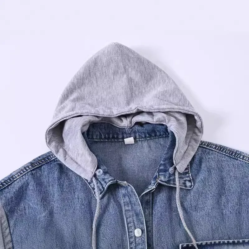 Fresh and Sweet Style Denim Patchwork , New Spring and Autumn Women's Long-sleeved with Loose Detachable Cap Design