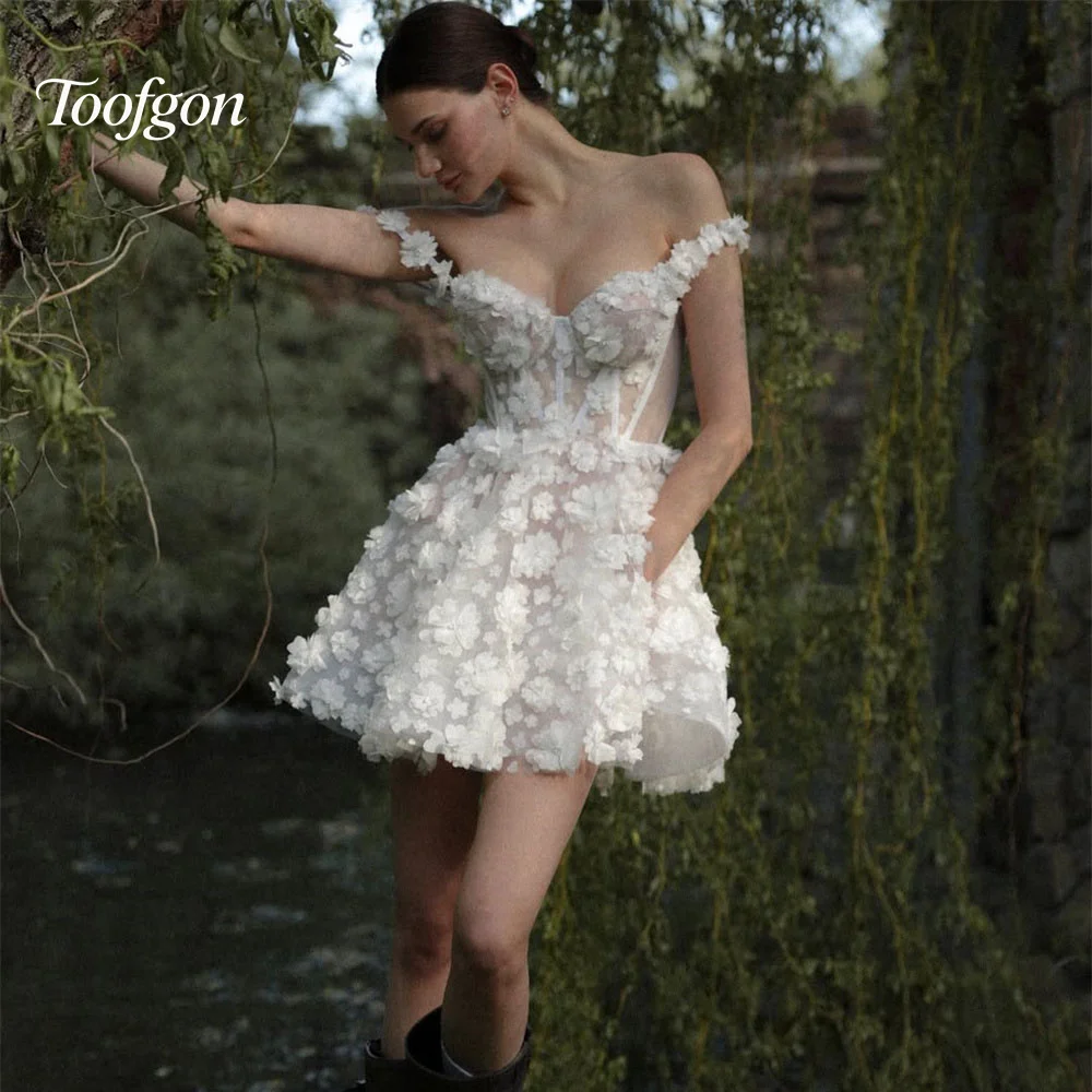 

Toofgon Luxury A Line Short Wedding Dresses Customized 3D Lace Flowers Bride Bridal Gown Simple Wedding Photo Shoot Dress