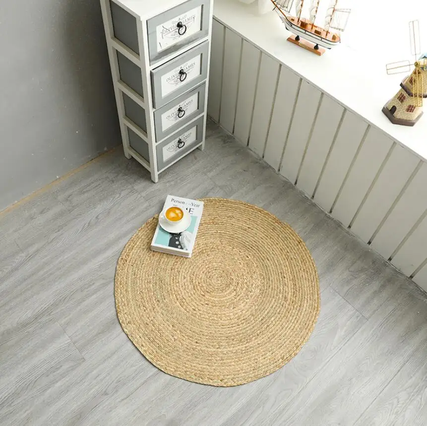 Round Woven Rush Grass Rugs Handmade Rattan Carpet for Bedroom Living Room Vintage Home Decor Floor Mat Chic Room Door Mat Tapis