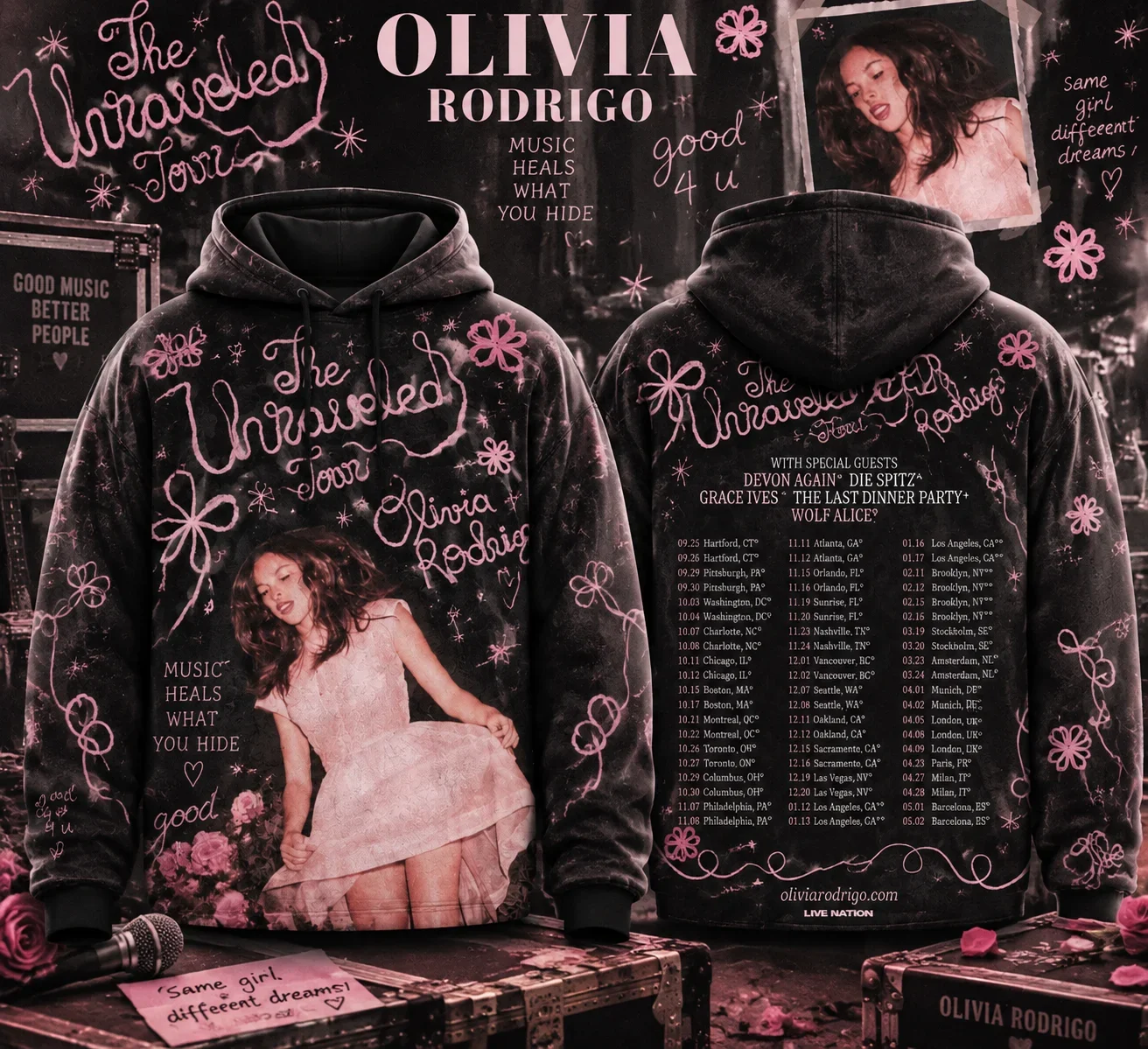 Family Matching Y2K Olivia Rodrigo The Unraveled Tour 3D Print Hoodie Double Sided Vintage Grunge Graphic Pullover Streetwear