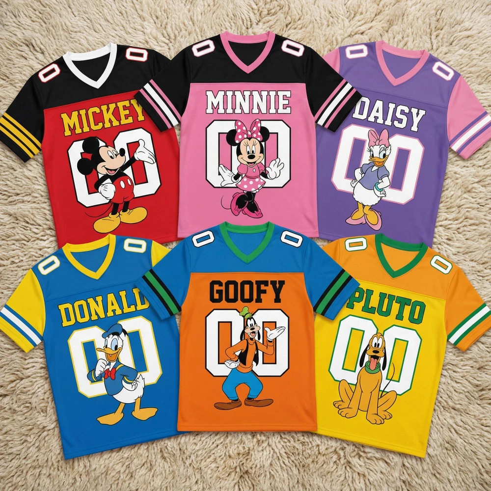 T-shirt de famille Disney pour hommes et femmes, vêtements de sport à col en v, amples, décontractés, légers, respirants, Streetwear, hauts de plage, nouvelle collection d'été