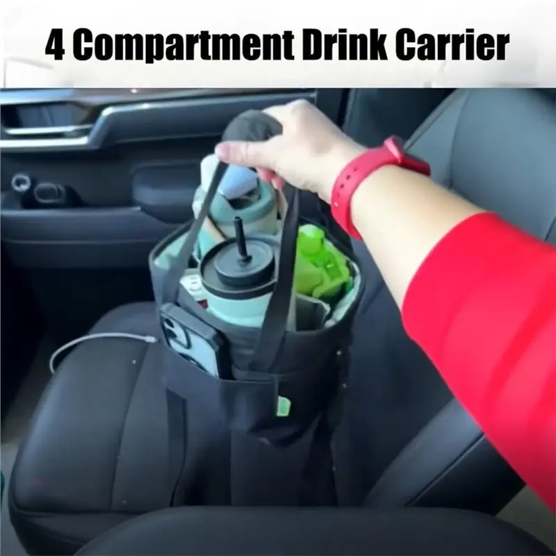AA51 Drink Caddy Tote Bag With 4 Compartments, Adjustable Strap Multiple Tumbler Holder Caddy For Travel, Hiking