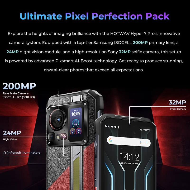 HOTWAV Hyper 7 Pro 5G Rugged Smartphone Dimensity 7050 200MP Mobile phone 36(16+20)GB 256GB 6.6'' FHD+ 2.4K 10800mAh Cellphones