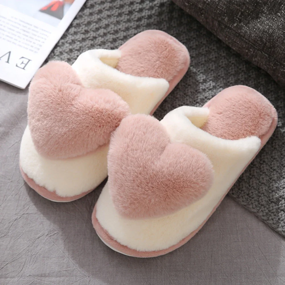 Winter Home Slippers Waterproof Women Men Heart Furry Shoes Couples Warm Plush Non-Slip Indoor Bedroom Cotton Slippers