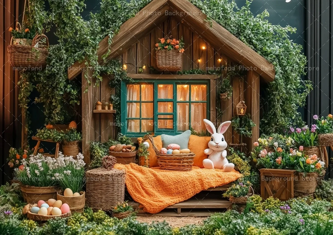 เมโฮฟอนด์การถ่ายภาพพื้นหลังฤดูใบไม้ผลิอีสเตอร์บ้านไม้กระต่ายน้อยสีขาวไข่หลากสีสันเด็กภาพครอบครัวฉากหลังตกแต่ง