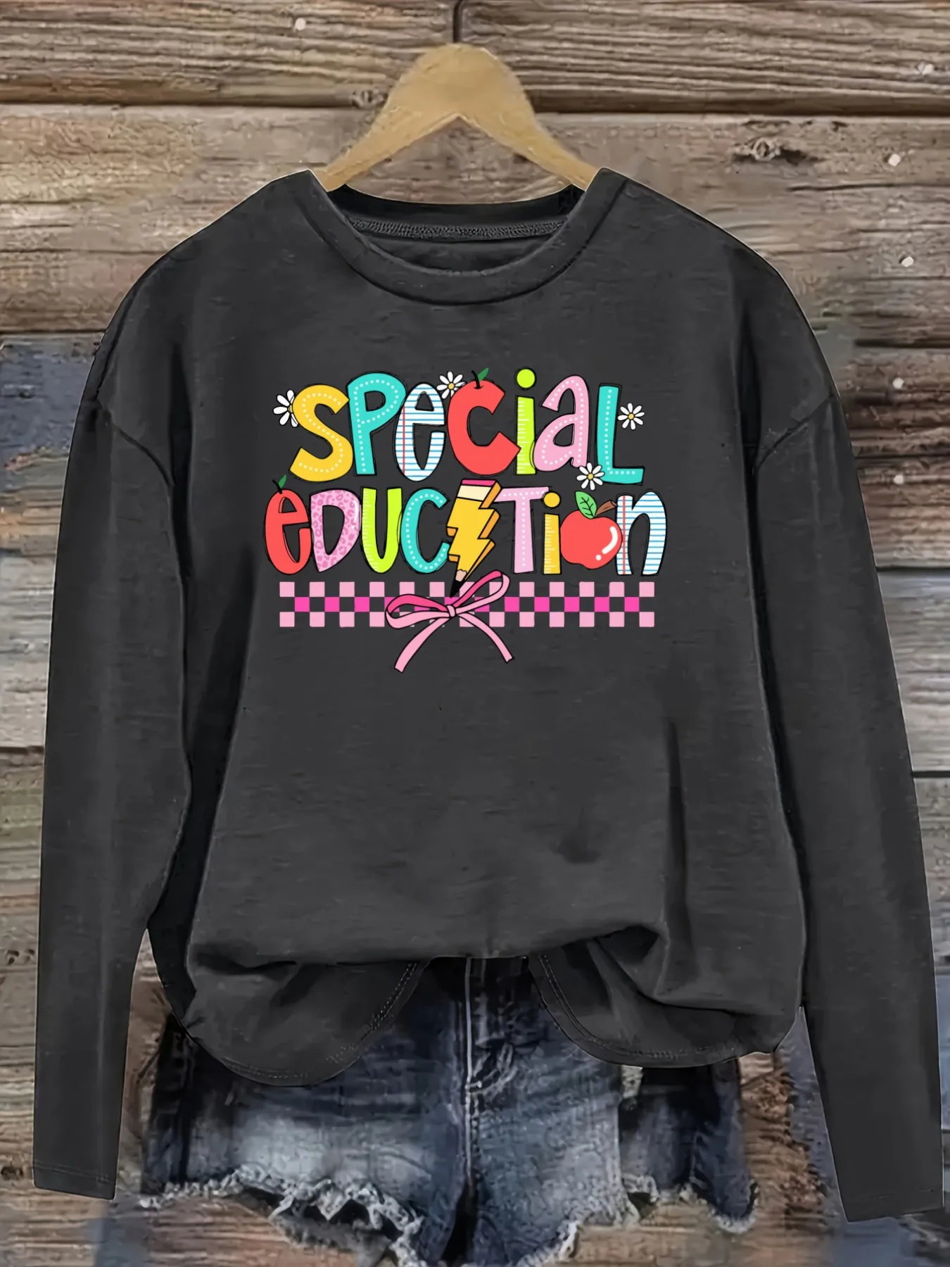 Women's Casual Long Sleeve Crew Neck T-Shirt Special Education Rainbow Apple Bow Design, Round Neck Women's Clothing, Machine Washable, Slightly Elastic, Loose Fit, Spring Autumn Winter Women's T-Shirt, Halloween Costume Outfit view 2
