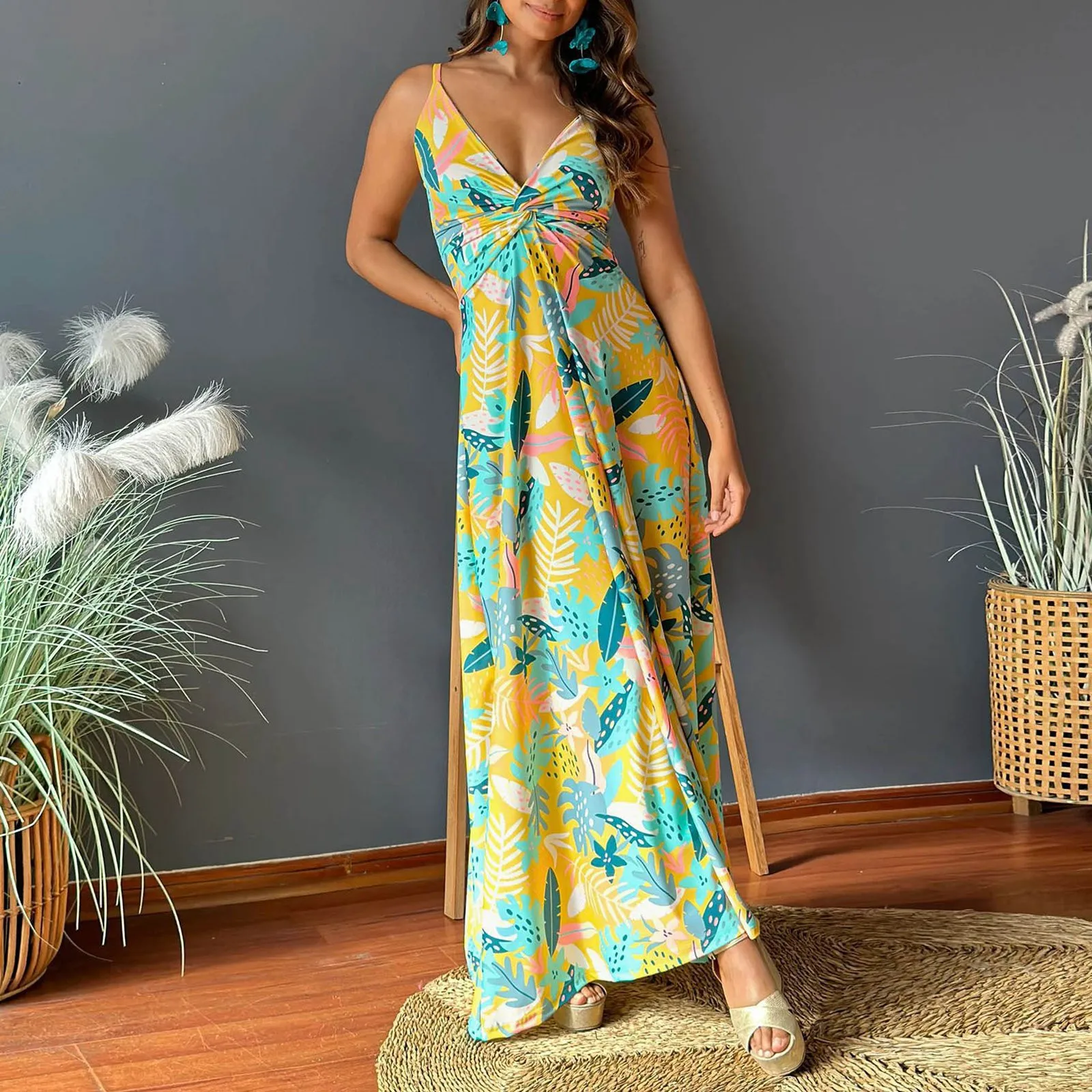 Vestido bohemio largo hasta el suelo para mujer, vestido largo con tirantes finos, Espalda descubierta, Swing grande, informal, con nudo envuelto para vacaciones