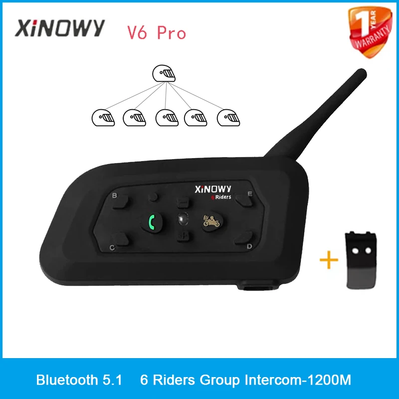 Xinowy V6 Pro Motorfiets Intercom 3.5Mm Helm Bluetooth Headset Interphone Voor 6 Rijders 1200M Pratende Handsfree Ip67 850Mah