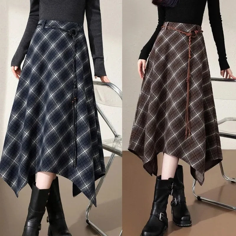 تنورة صوفية للسيدات لربيع وخريف 2026 تنورة كورية جديدة عالية الخصر ثنى طويلة على شكل حرف a غير منتظمة مظلة منقوشة تنورة نسائية #1