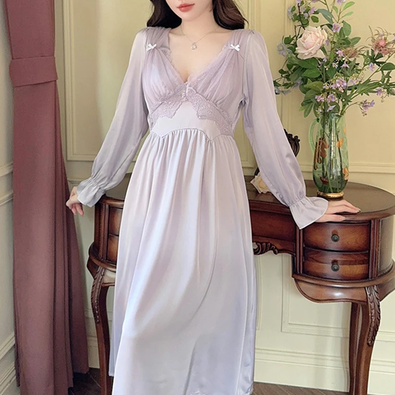 Lace Patchwork Nightdress Homewear  V-Neck Nightgown Elegant Princess Style Sleepwear Lady Sweet Nightwear Satin Loungewear