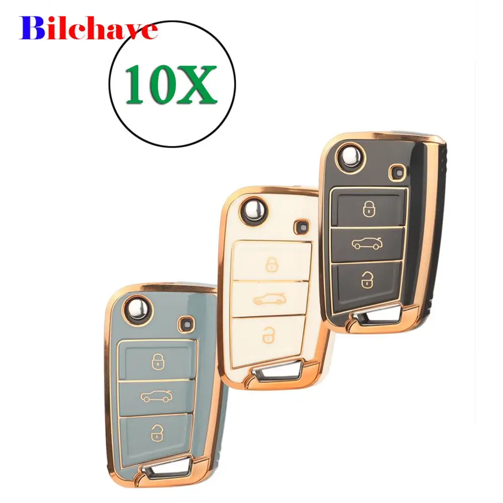 

jingyuqin 10PCS TPU Car Key Case For VW Volkswagen Golf 7 MK7 Tiguan MK2 SEAT Ateca Leon FR 2 Ibiza For Skoda Octavia 3 Buttons