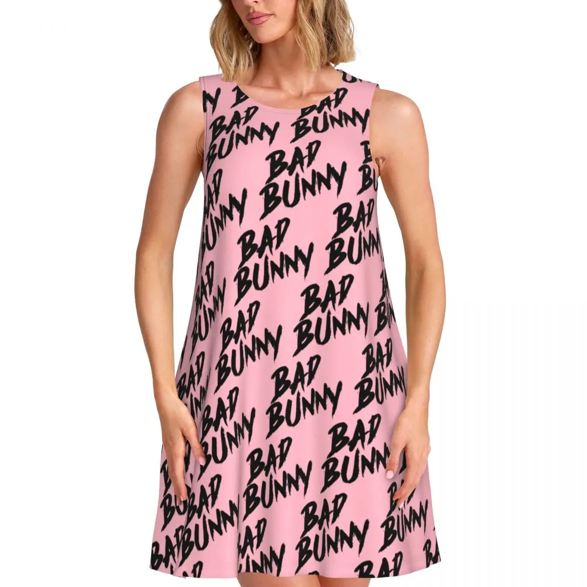 

Женское платье без рукавов с логотипом Bad B-Bunny на заказ, репер с 3D принтом для отпуска, путешествий, пляжные платья без рукавов, платье