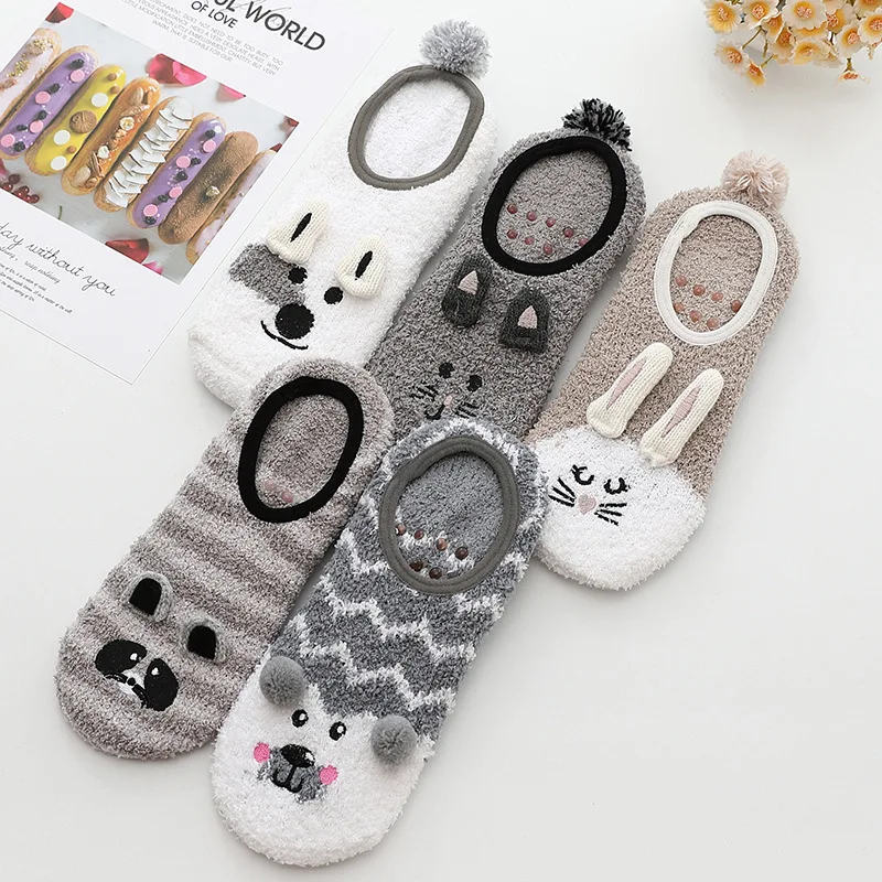 Coral Velvet Socks Cartoon Embroidery Half Velvet Sleep Socks Thickened Plush Socks Floor Socks 1 Pair EU 35-43 US 5-9