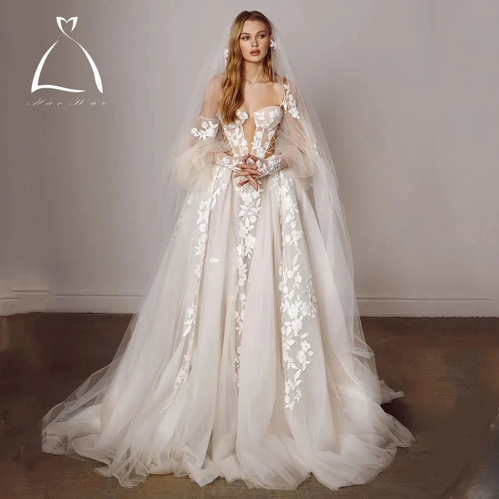 

Elegant A-line Wedding Dresses For Women Sweetheart Removable Puff Sleeves Lace Applique Backless Bridal Gown Vestidos De Novia