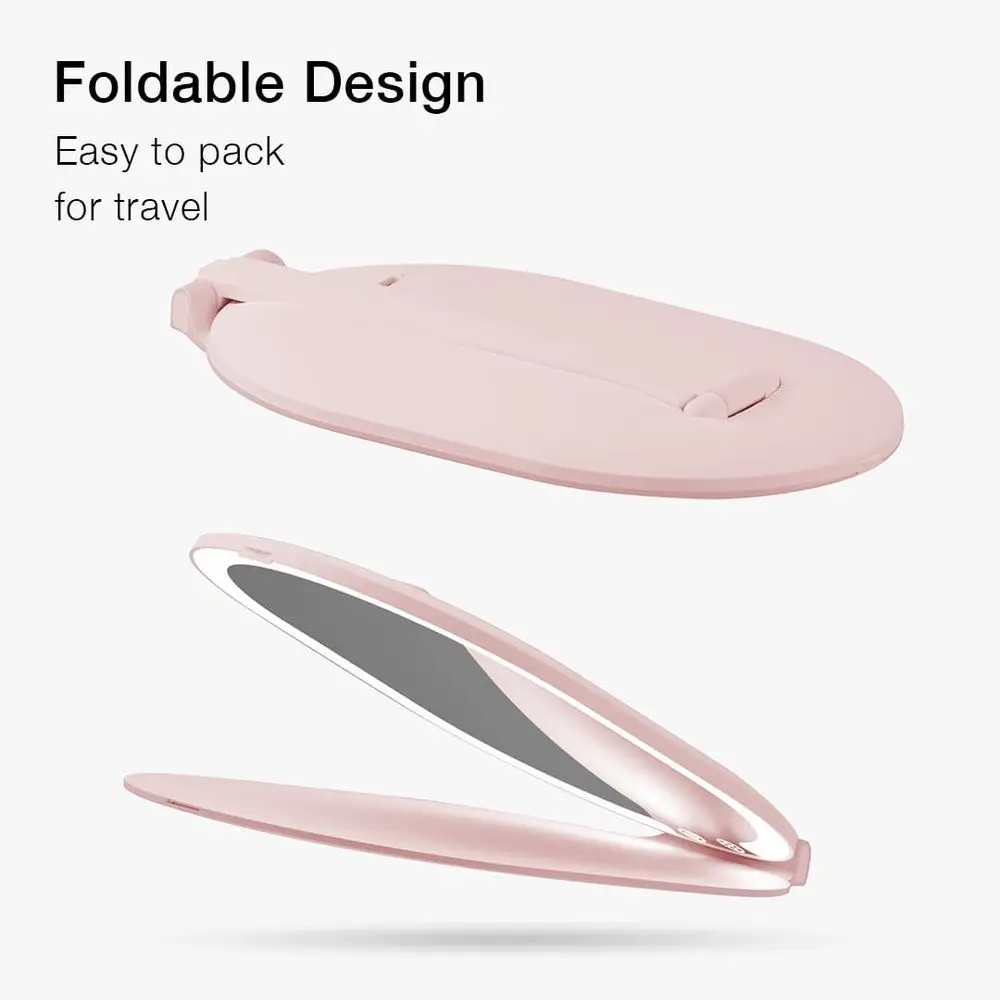 Portable LED Makeup Mirror with 3 Lighting Modes, 10x Magnifier, Foldable Vanity Mirror, 1500mAh Battery, Pink