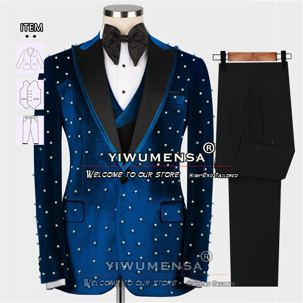 

Deep Navy Suits Men Formal Wedding Tuxedo 3 Pieces Jacket Vest Pants Handmade White Peals Blazer Set Man Dinner Party Dress 2024