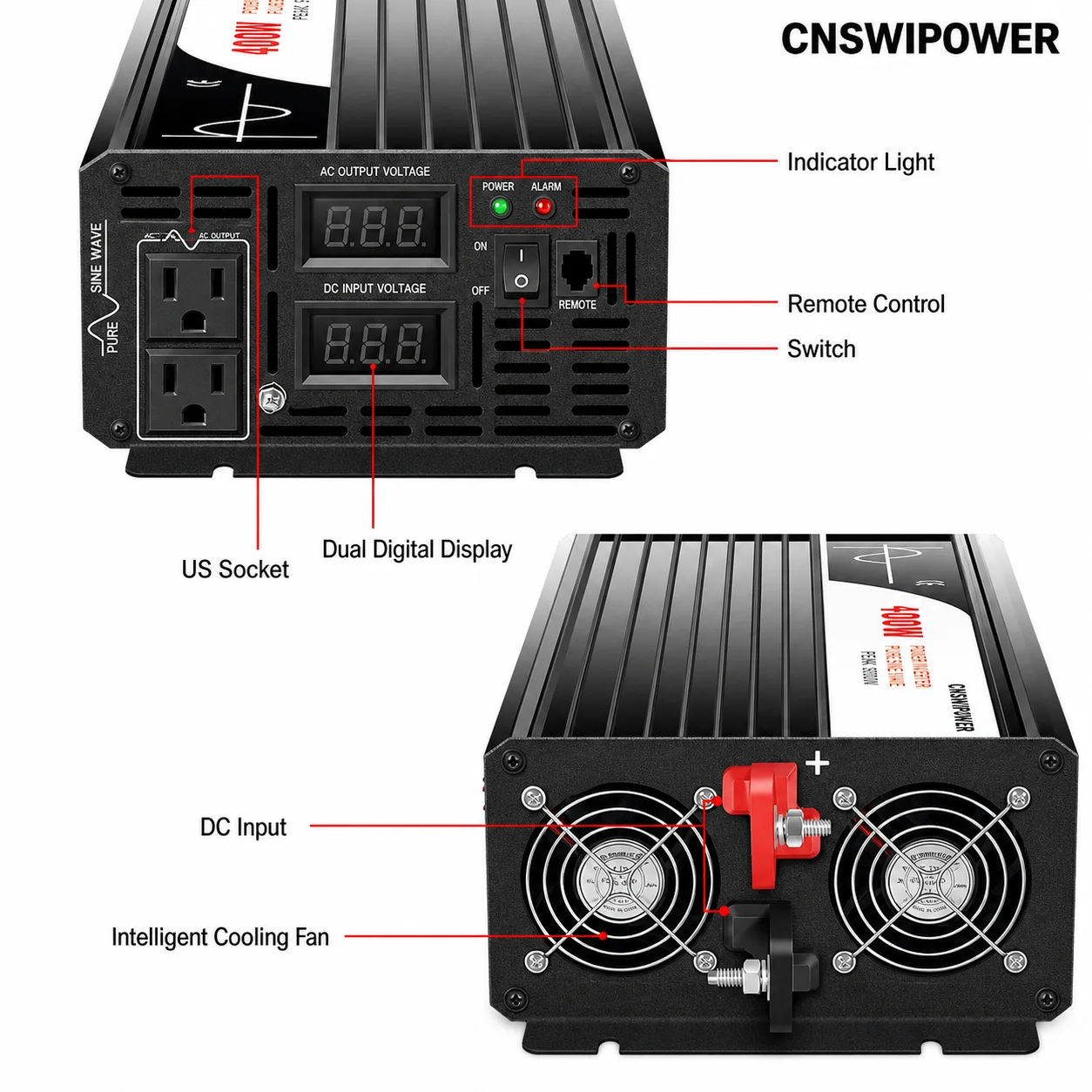 4000W Pure Sine Wave Solar Power Inverter, DC 12V/24V/48V to AC 110V/120V, US Plug for Home, Refrigerator, Camping and RV