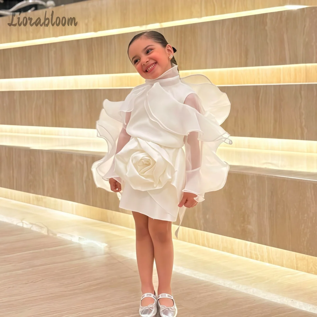 

Customized Flower Girl Dress Lower Girl Dress Wedding Toddler Kids White Tulle with Big Flower Puffy Sleeves Formal Party Dress